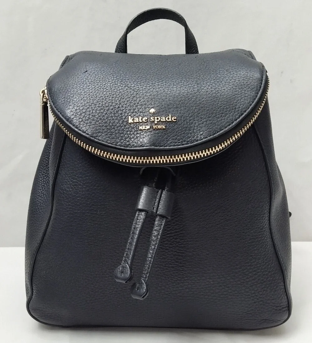Kate Spade New York Black Pebbled Leather Zipper Flap Drawstring Backpack